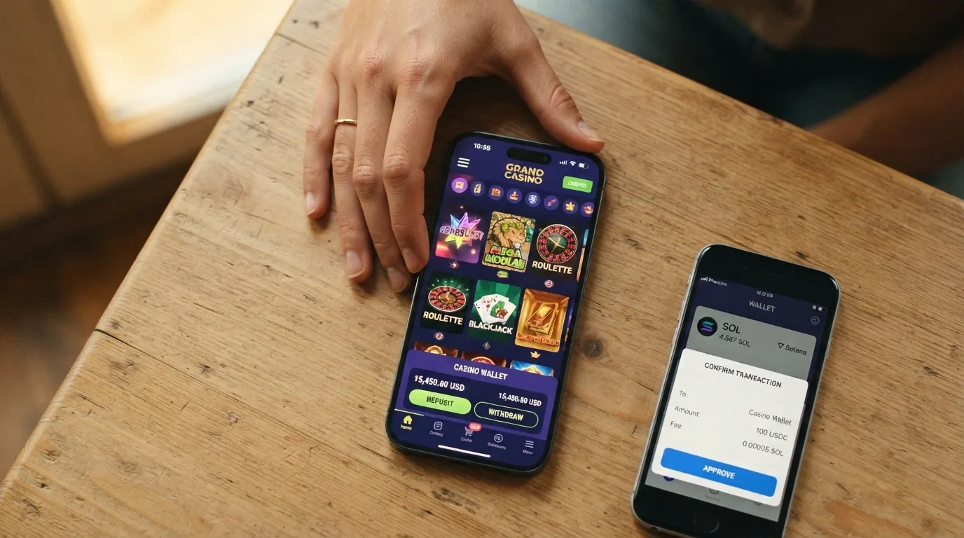 Un teléfono móvil mostrando la app de Phantom wallet abierta junto a un casino online cargado en el navegador del mismo dispositivo