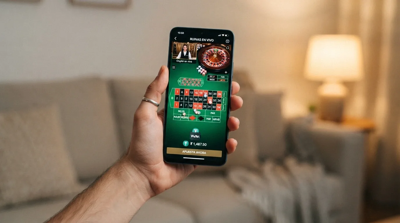 Una mano sujetando un móvil en vertical con la interfaz de un casino abierta; en la pantalla, una partida de ruleta en vivo y, abajo, el icono de una wallet con el símbolo USDC