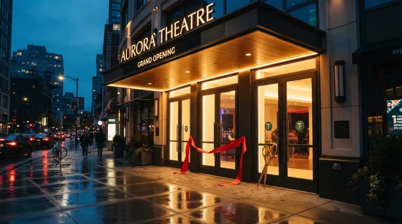 La fachada luminosa de un casino con un cartel de «inauguración» y el logotipo de USDT junto a la entrada
