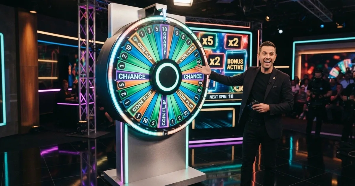 Una rueda de Crazy Time iluminada en un estudio de casino en vivo, con el presentador frente a ella y los multiplicadores visibles en la pantalla del estudio