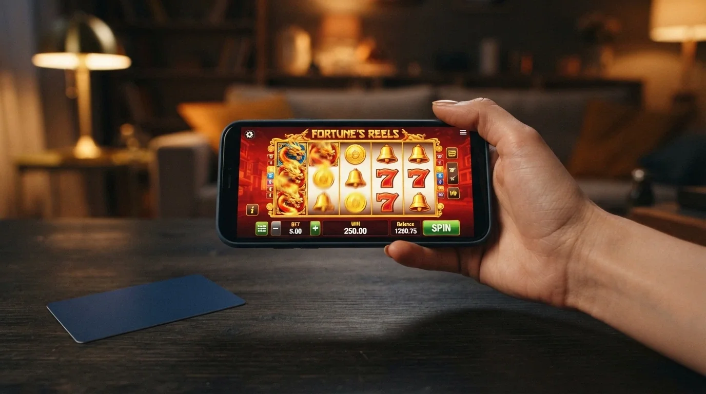 Un teléfono móvil en posición horizontal mostrando la interfaz de un casino online con tragamonedas en pantalla; junto a él, una cartera física con una tarjeta que lleva el logo de XRP