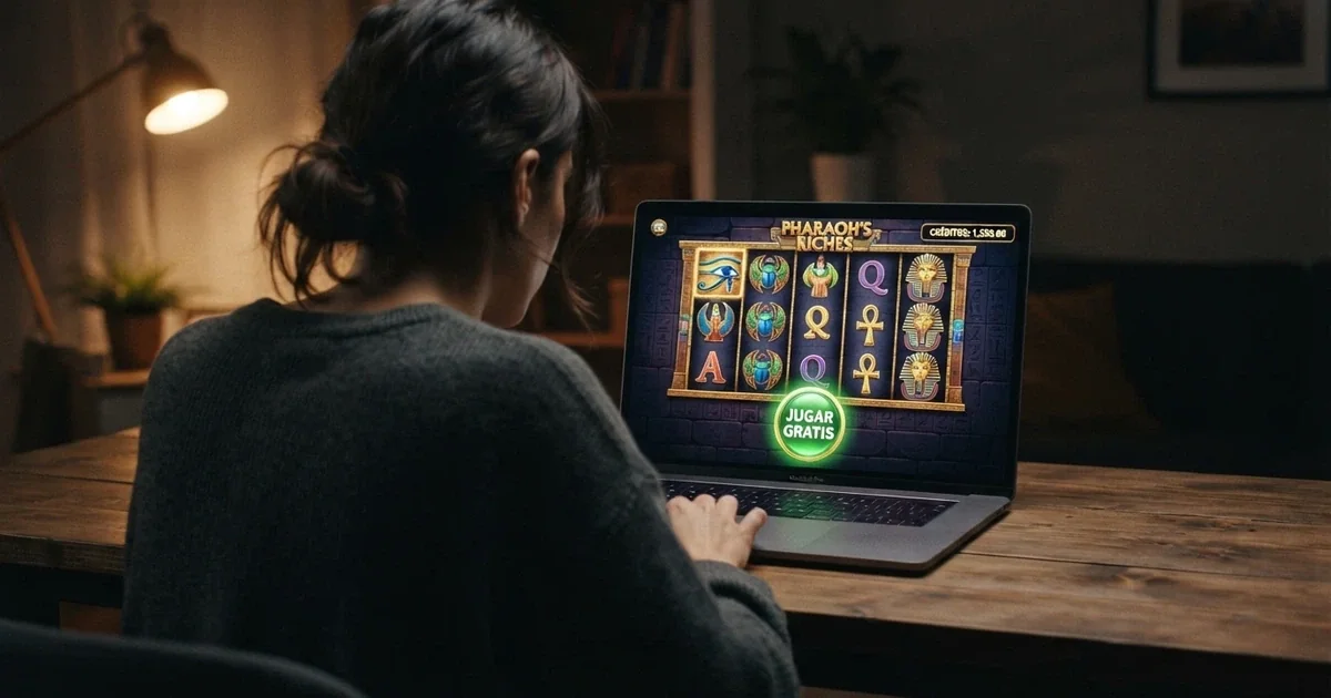 Interfaz de un casino online español con el botón «jugar gratis» o «modo demo» destacado en una tragaperra popular