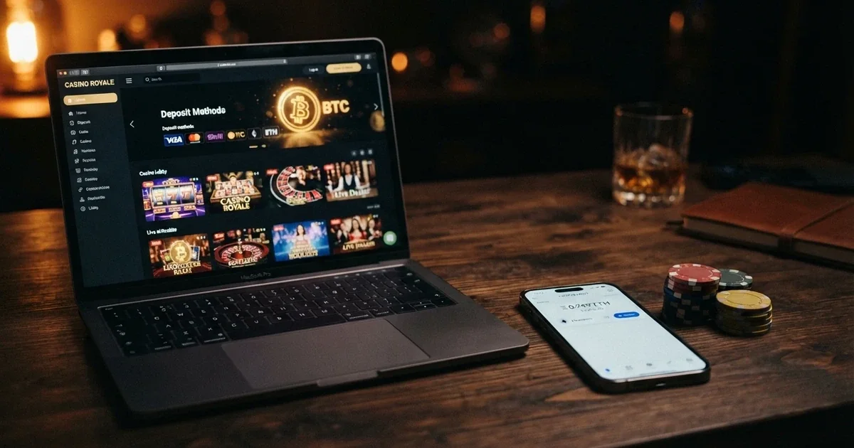 Pantalla dividida: a la izquierda, la interfaz de un casino online con el logo de BNB entre las opciones de depósito; a la derecha, un teléfono mostrando una wallet con saldo en Binance Coin y el símbolo BEP-20 visible.