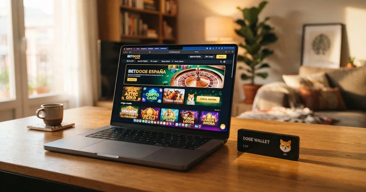 Cartera digital de Dogecoin junto a la interfaz de un casino online en una pantalla de ordenador