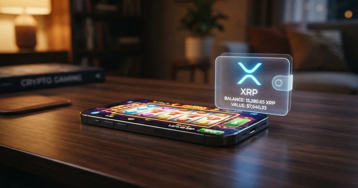Cartera digital con el logo de XRP sobre la pantalla de un casino online, una mano sujetando un móvil con la interfaz de depósito en criptomonedas visible