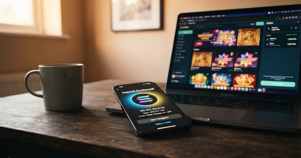 Pantalla de un casino online mostrando la opción de depósito con Solana (SOL) junto a una cartera Phantom abierta en un teléfono móvil