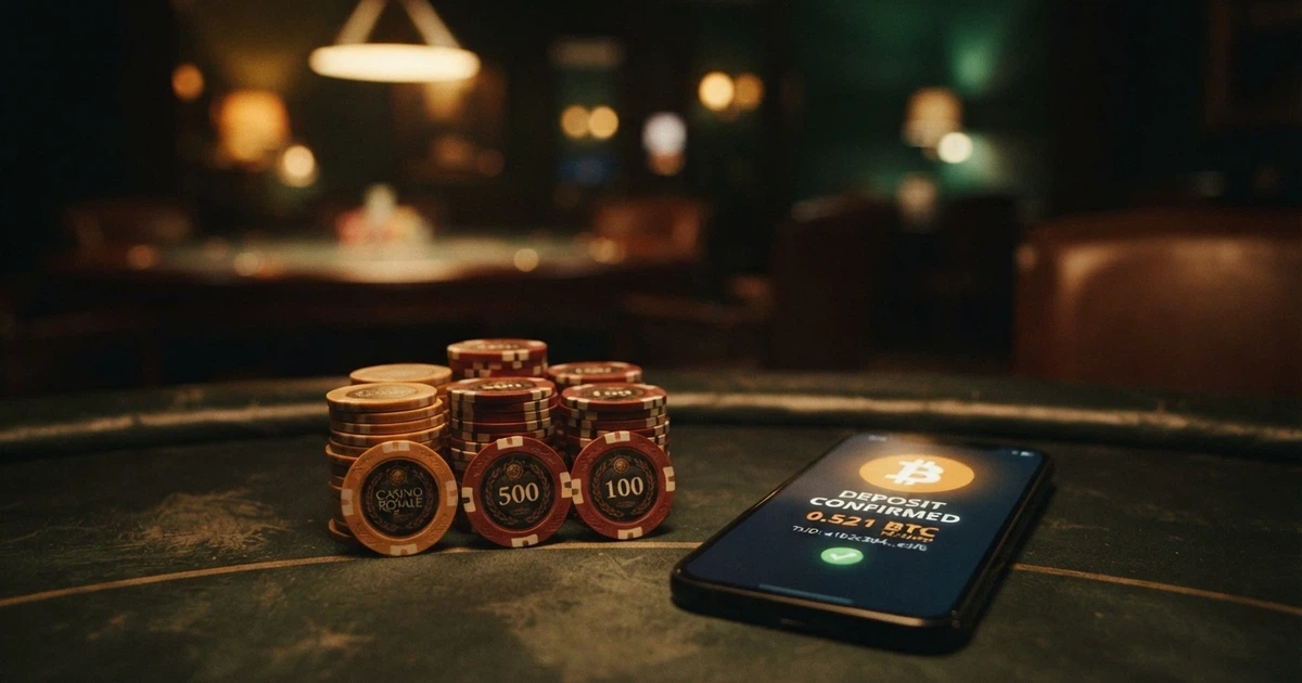 Collage de fichas de casino junto al logotipo de TRON y una pantalla mostrando un depósito en criptomonedas