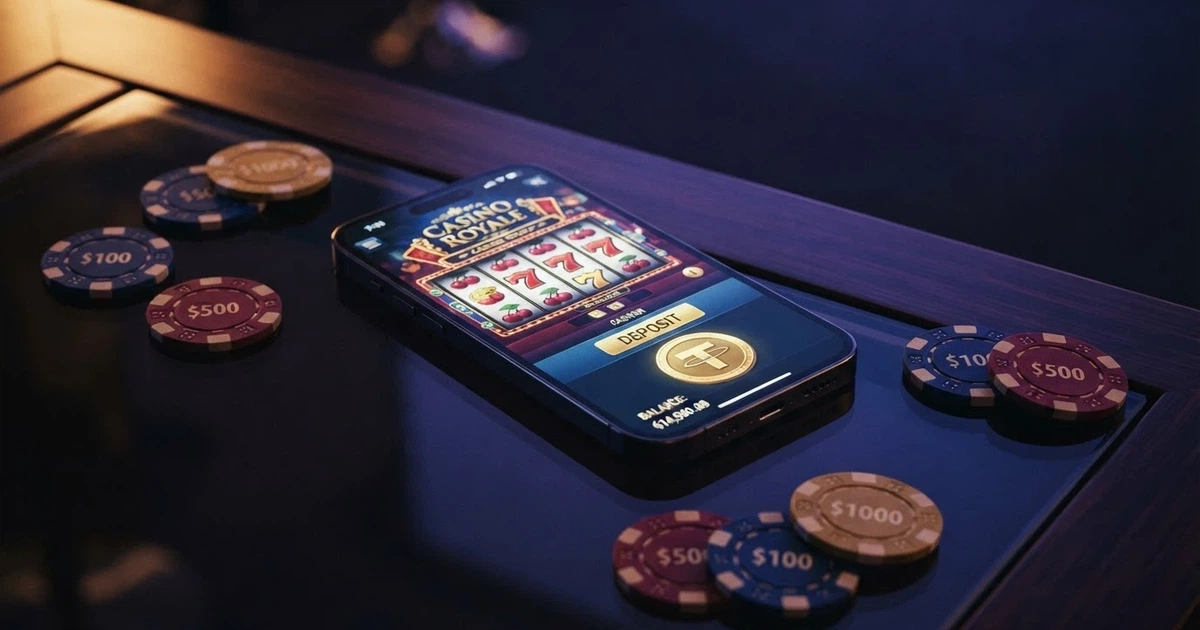 Un teléfono móvil mostrando la pantalla de un casino online con el logo de USDC y fichas de póquer virtuales sobre una mesa de juego iluminada en tonos azules