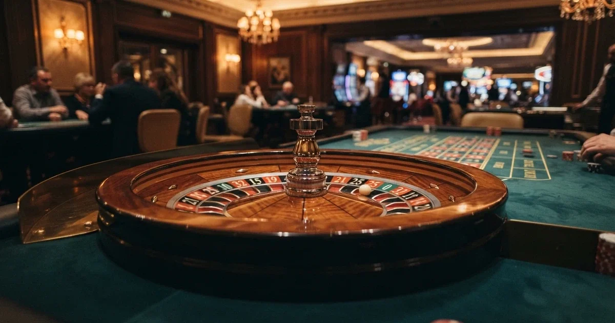 Rueda de ruleta sobre fieltro verde en un casino español iluminado por luz cálida