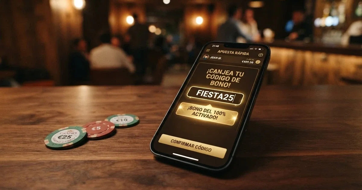 Campo para introducir un código promocional junto a una oferta de bono de bienvenida en la pantalla de un casino online español