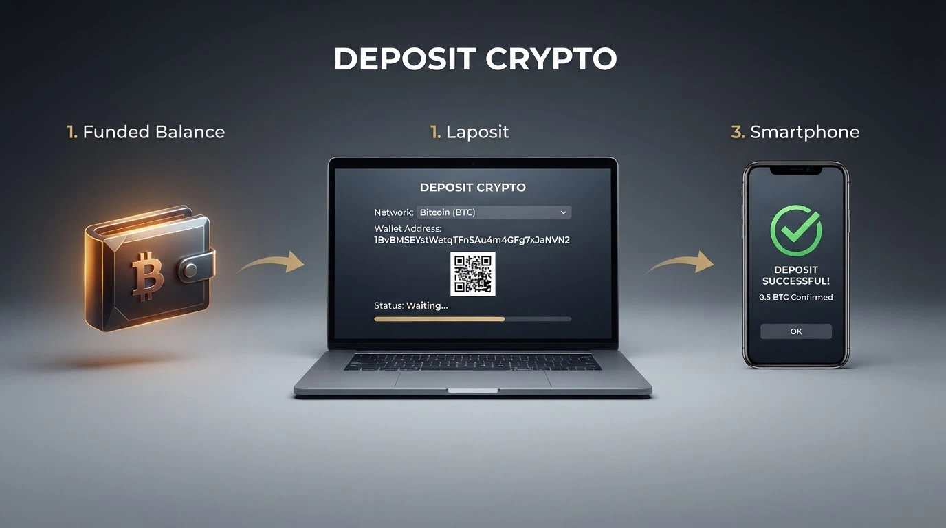 Infografía con los pasos del depósito: wallet con fondos, pantalla de depósito del casino con dirección TRX, confirmación en pantalla