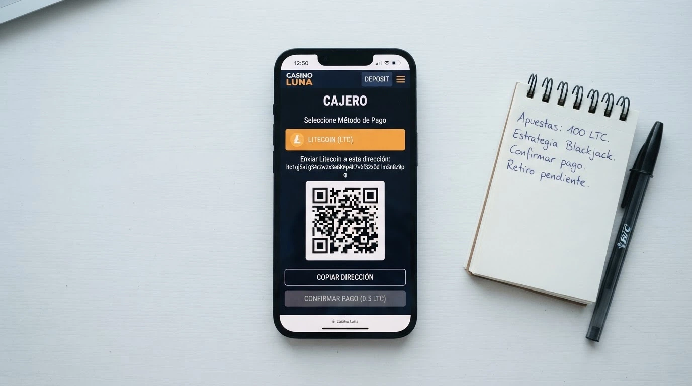 Interfaz de un casino online mostrando el panel de depósito con la opción Litecoin seleccionada junto a una cartera de criptomonedas en un teléfono móvil