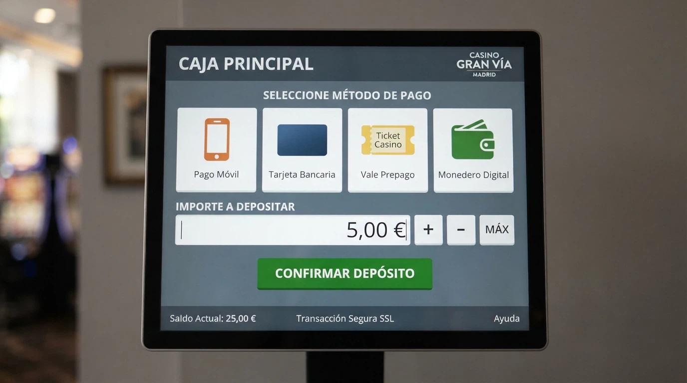Pantalla de cajero de un casino online con el desglose de métodos de pago y el campo de importe de depósito