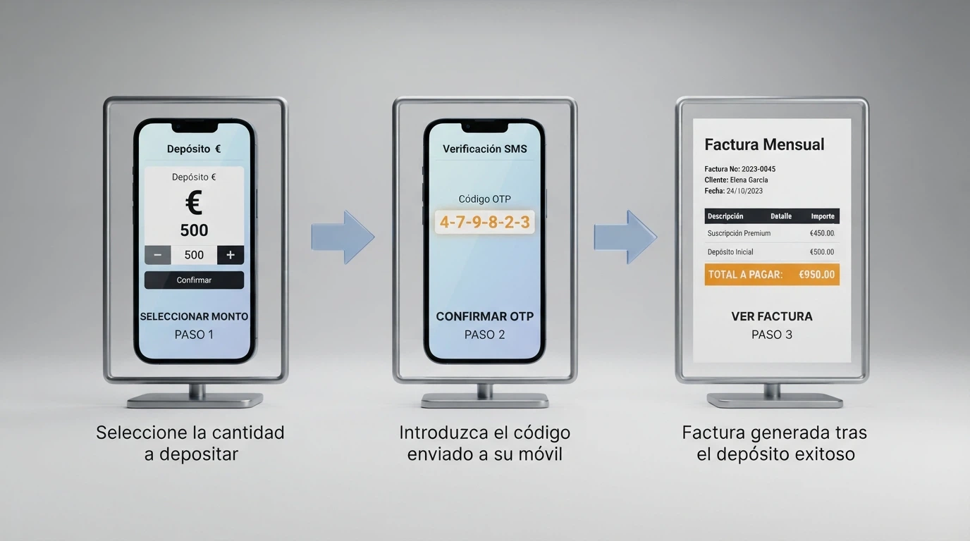 Infografía de tres pasos: seleccionar el importe de depósito en la pantalla del casino, recibir el código OTP en el móvil e introducirlo para confirmar, y el cargo reflejado en la factura telefónica mensual