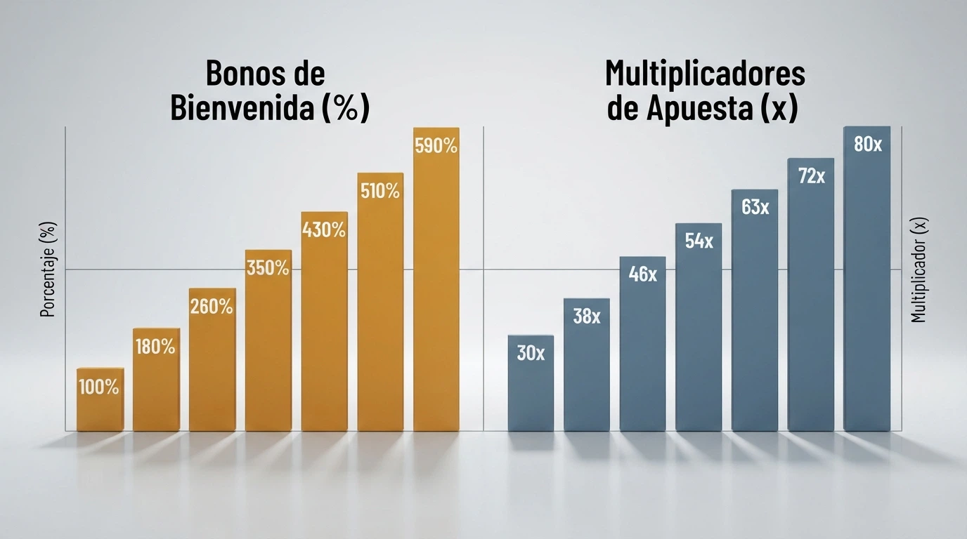Gráfico de barras comparando el porcentaje de bono de bienvenida y el multiplicador de wagering de los principales casinos TRX