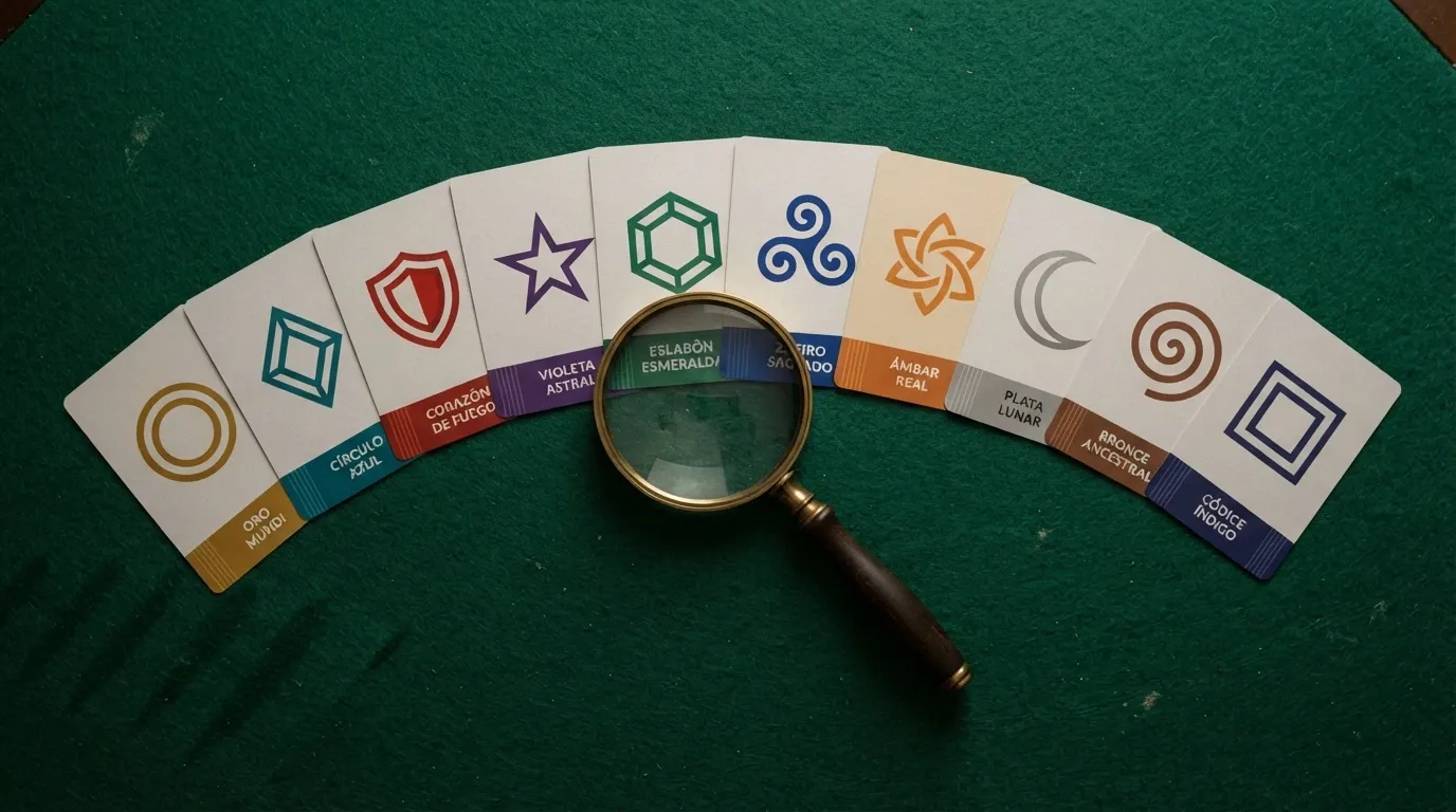 Diez tarjetas dispuestas en abanico sobre una mesa de juego, cada una con el logo de un casino cripto distinto y un distintivo de su jurisdicción de licencia (Curazao o Anjouan), con una lupa que enfoca la palabra «sin licencia DGOJ» repetida en cada una.