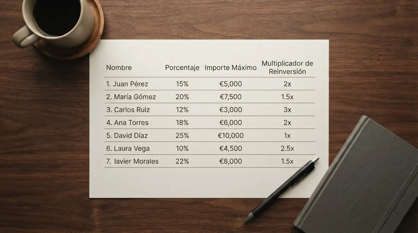 Fragmento visual de una tabla comparativa con columnas de operador, porcentaje de bono, importe máximo y rollover, con varios operadores .es listados