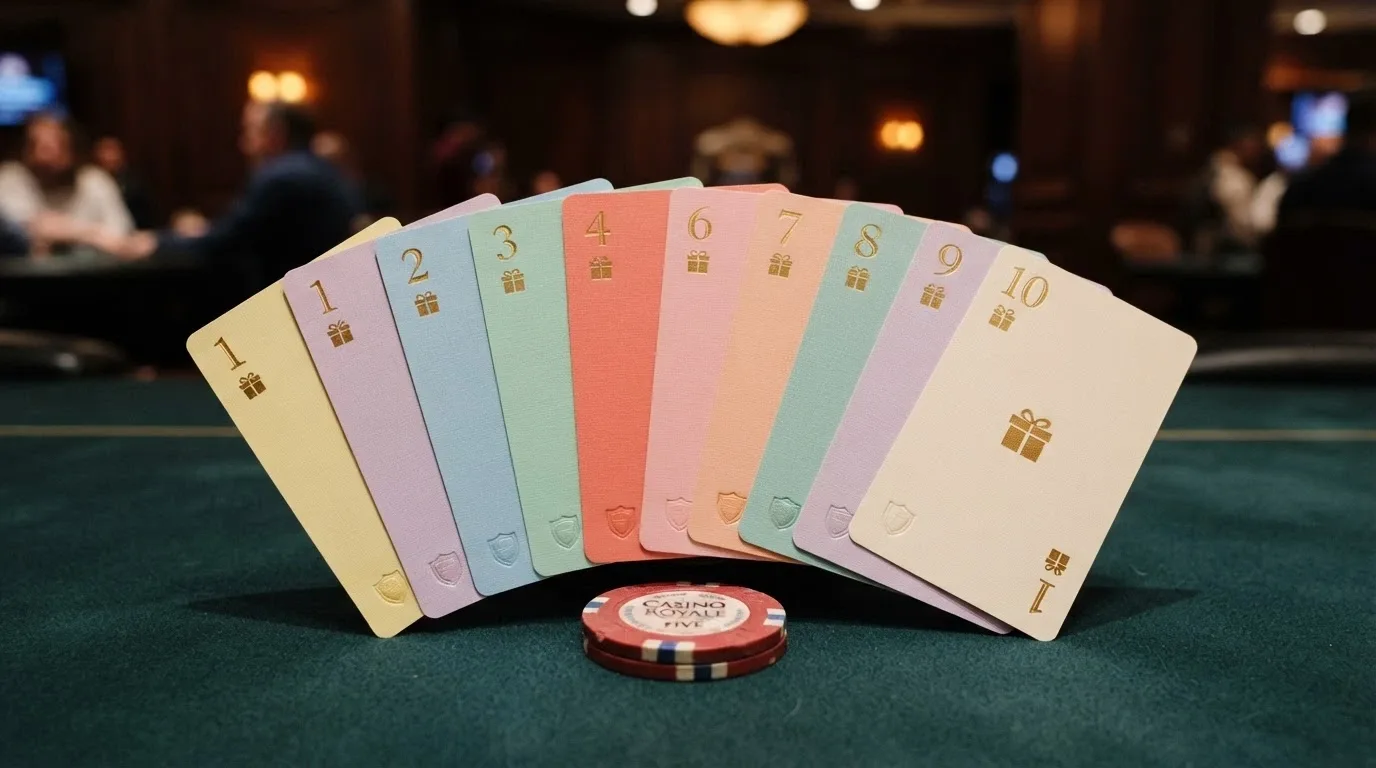 Diez tarjetas de casino español alineadas sobre una mesa de juego, cada una con un icono de regalo de cumpleaños y el distintivo de licencia DGOJ, ordenadas por relevancia