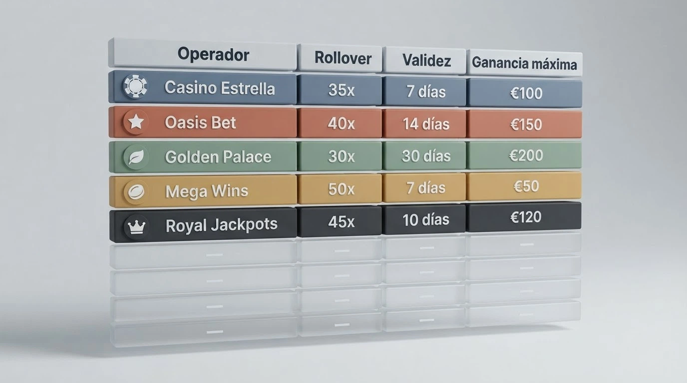 Una tabla comparativa con los logotipos de los 10 casinos analizados y columnas de rollover, validez y ganancia máxima