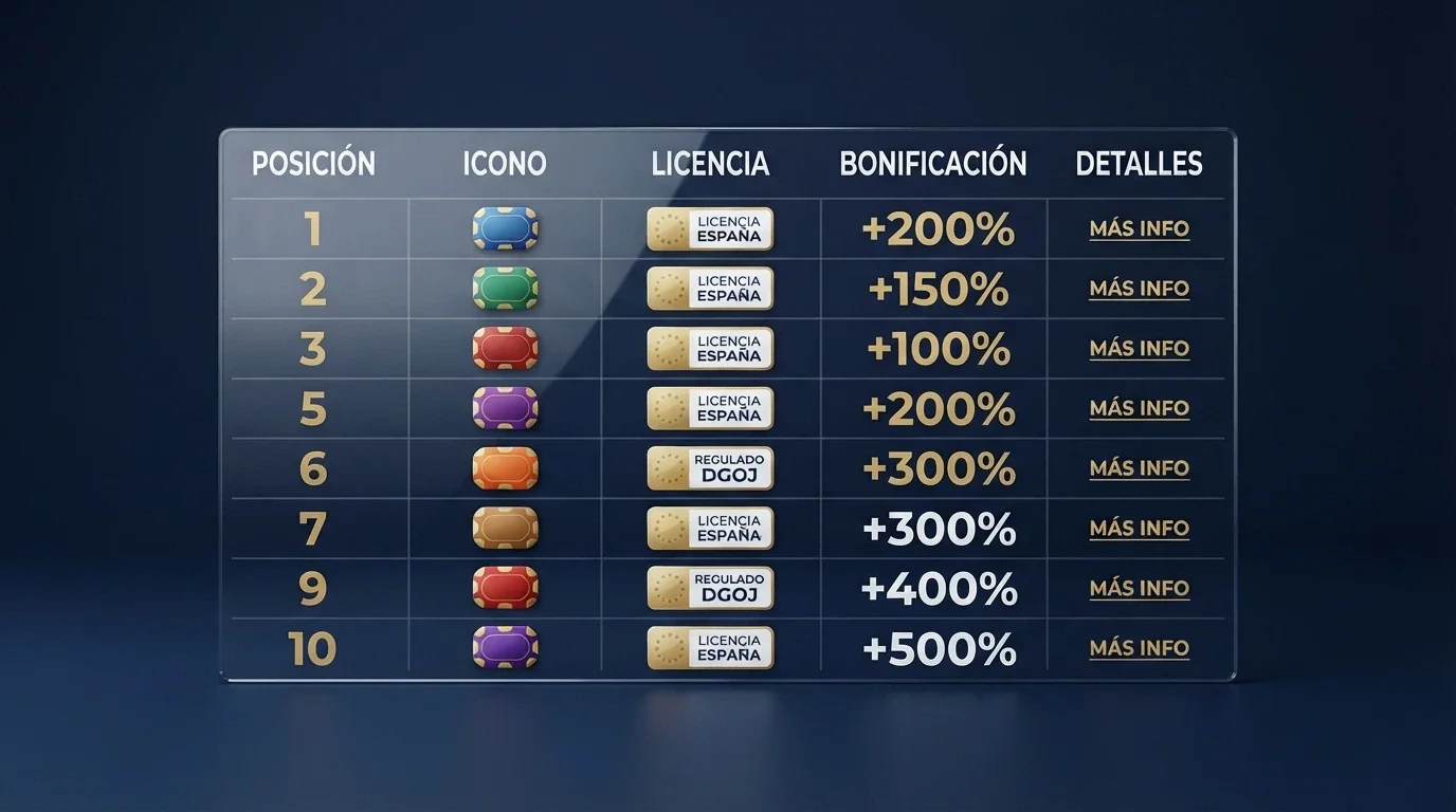 Tabla comparativa con logotipos y datos de los principales casinos que aceptan Cardano, incluyendo licencia y bono de bienvenida.