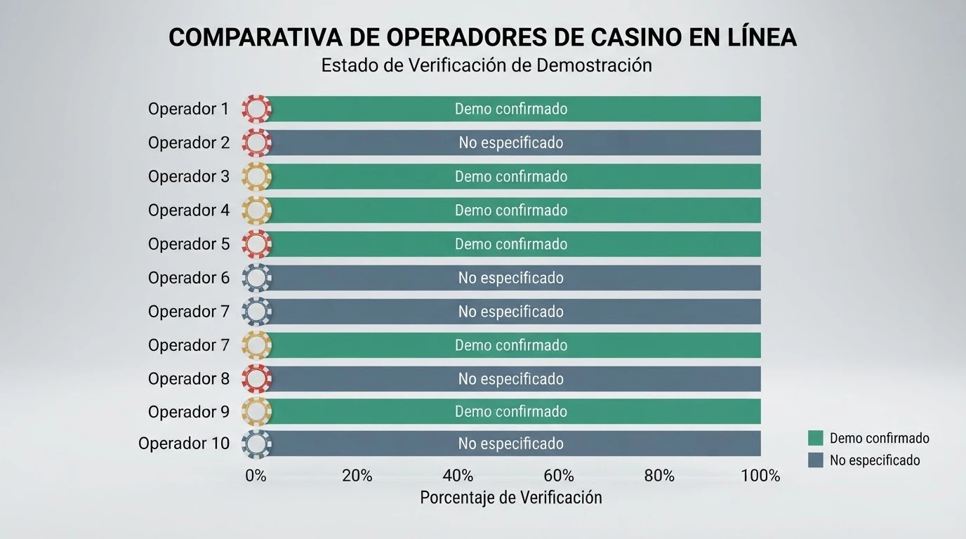 Tabla visual con los logotipos de los operadores DGOJ revisados junto a indicadores de disponibilidad de modo demo