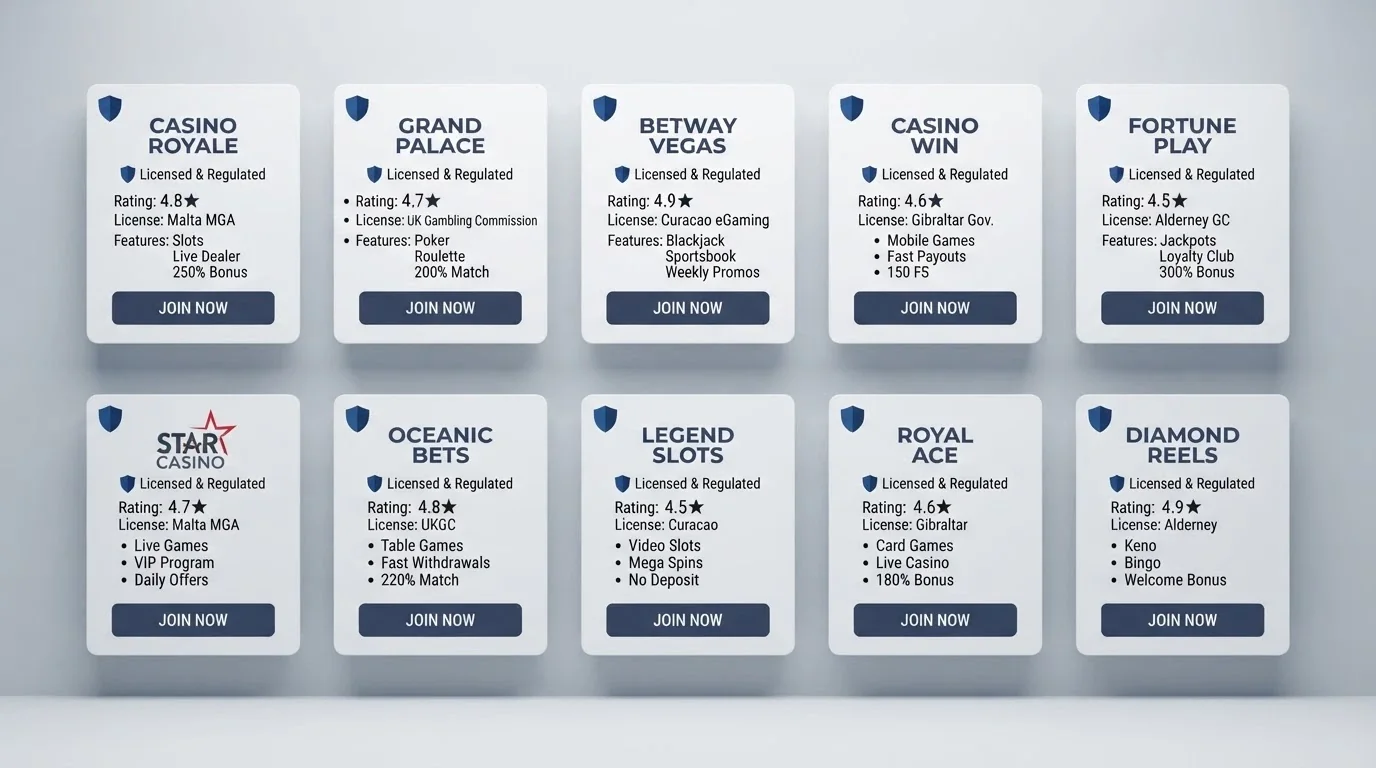Panel visual con las fichas de varios casinos españoles con licencia DGOJ ordenados en cuadrícula