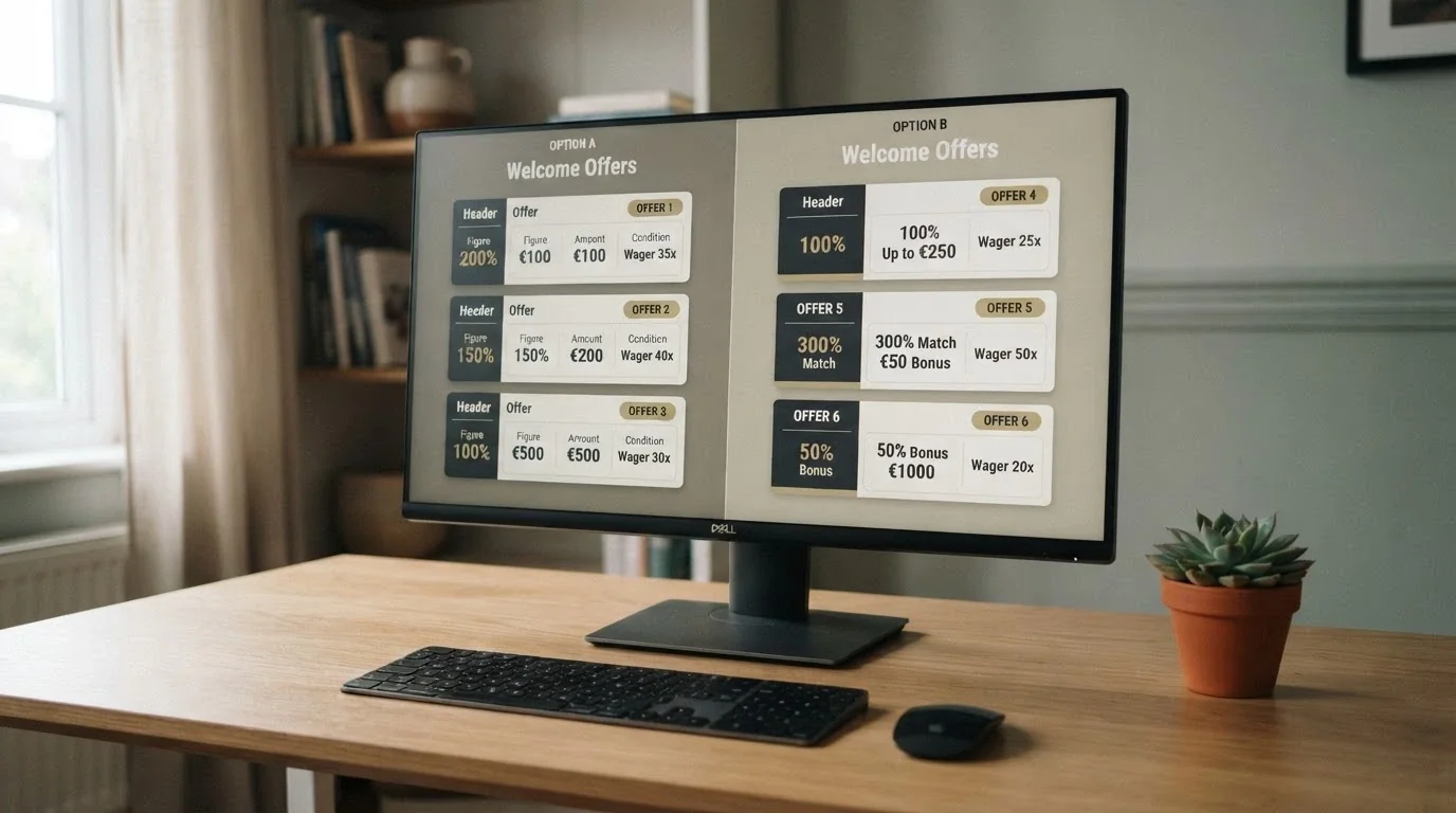 Pantalla dividida con las fichas de los principales casinos DGOJ comparados, destacando el porcentaje de bono y las condiciones clave de cada uno