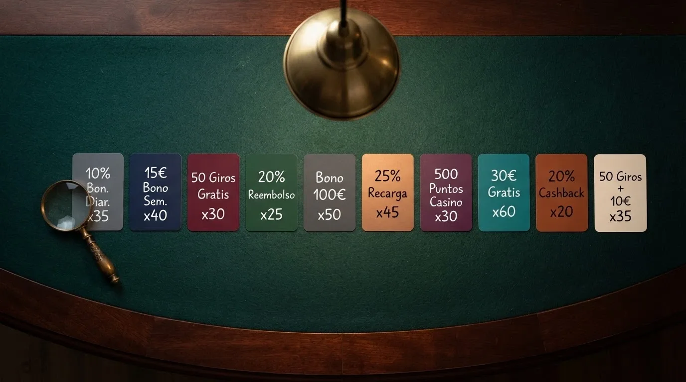 Vista cenital de una mesa con diez tarjetas de casino alineadas, cada una con su oferta sin depósito escrita a mano, y una lupa sobre la que tiene el rollover más bajo