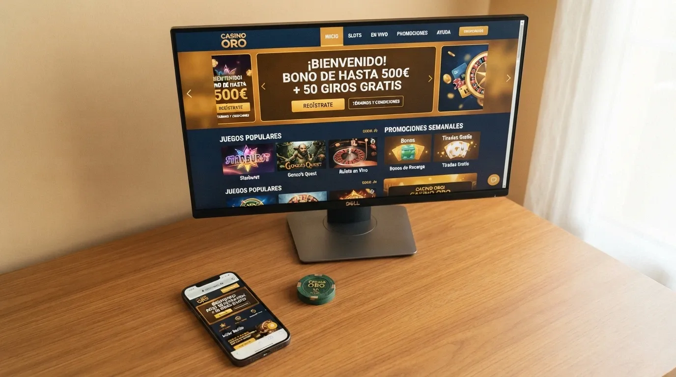 Vista cenital de un escritorio con pantalla mostrando una tabla comparativa de casinos, junto a un móvil con el dominio .es visible en la barra del navegador