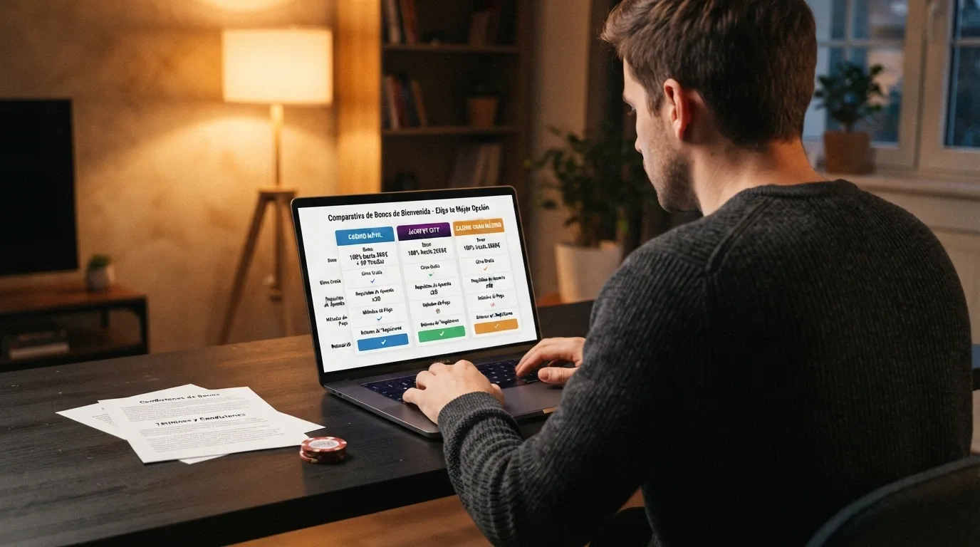 Una tabla comparativa con logotipos de casinos y columnas de bono, rollover y valoración
