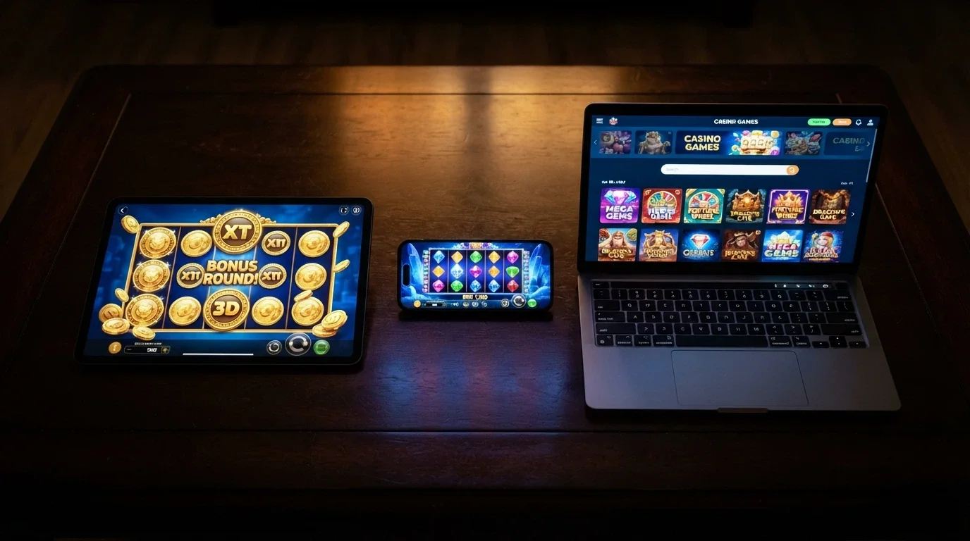 Una vista cenital de varios dispositivos mostrando distintos casinos online españoles con slots Fire Blaze en pantalla