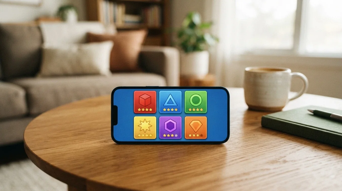 Un teléfono muestra una cuadrícula con los logotipos de varios casinos junto a puntuaciones en miniatura, sobre una mesa de café