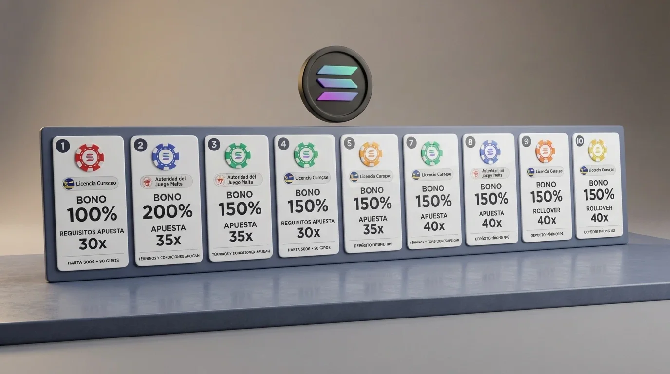 Vista comparativa de fichas de varios casinos online con iconos de criptomonedas y puntuaciones en formato tabla