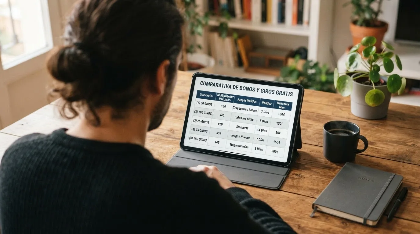 Tabla con logotipos de operadores, número de tiradas gratis y condiciones de rollover en una web de comparación