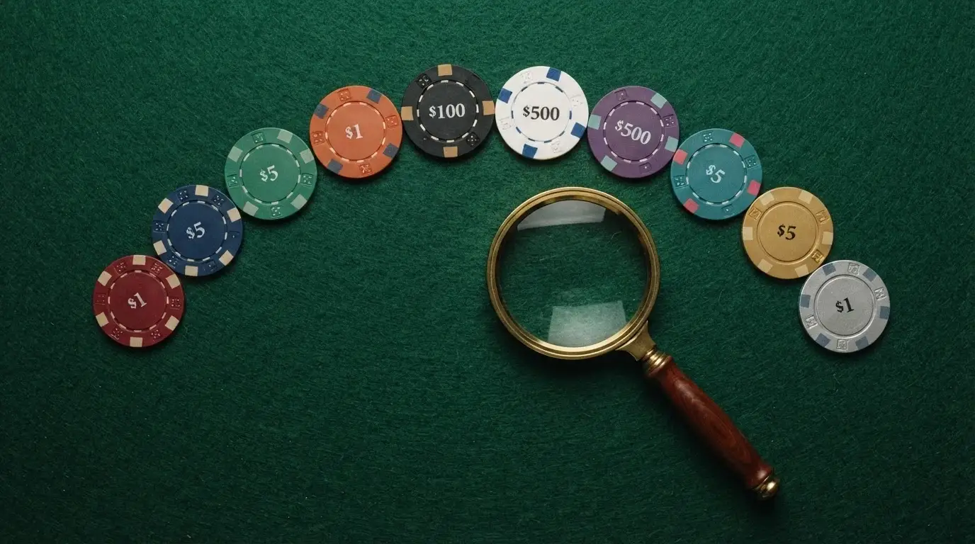 Una mesa vista desde arriba con diez fichas de póquer de distintos colores, cada una con el nombre de una stablecoin o casino, y una lupa sobre una de ellas