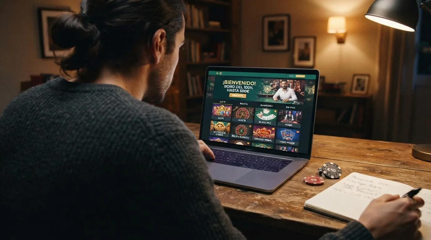 Mosaico con las fichas de 10 casinos con licencia DGOJ, cada una con su logotipo, su oferta de bienvenida resumida en una línea y un distintivo visual de dominio .es