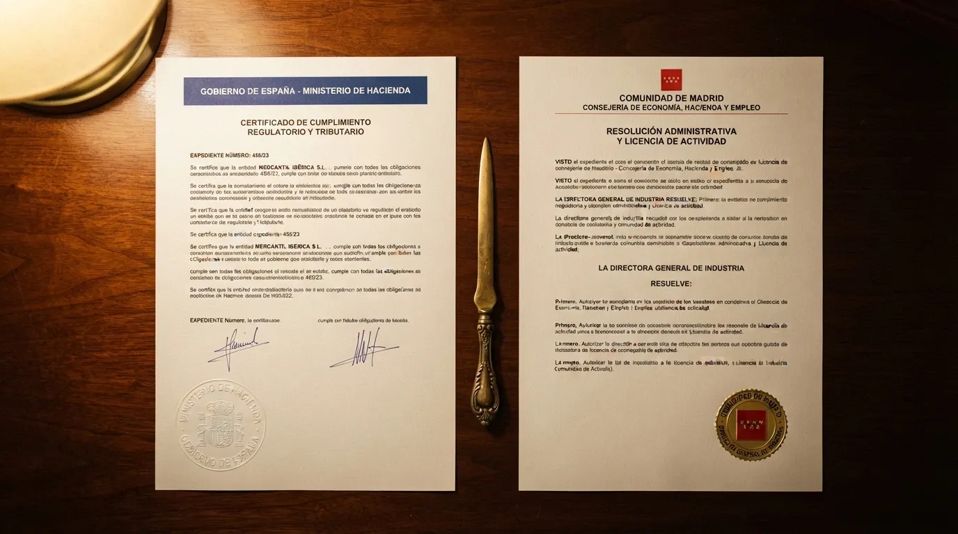 Dos documentos oficiales con sellos regulatorios de Gibraltar y España colocados lado a lado sobre una mesa