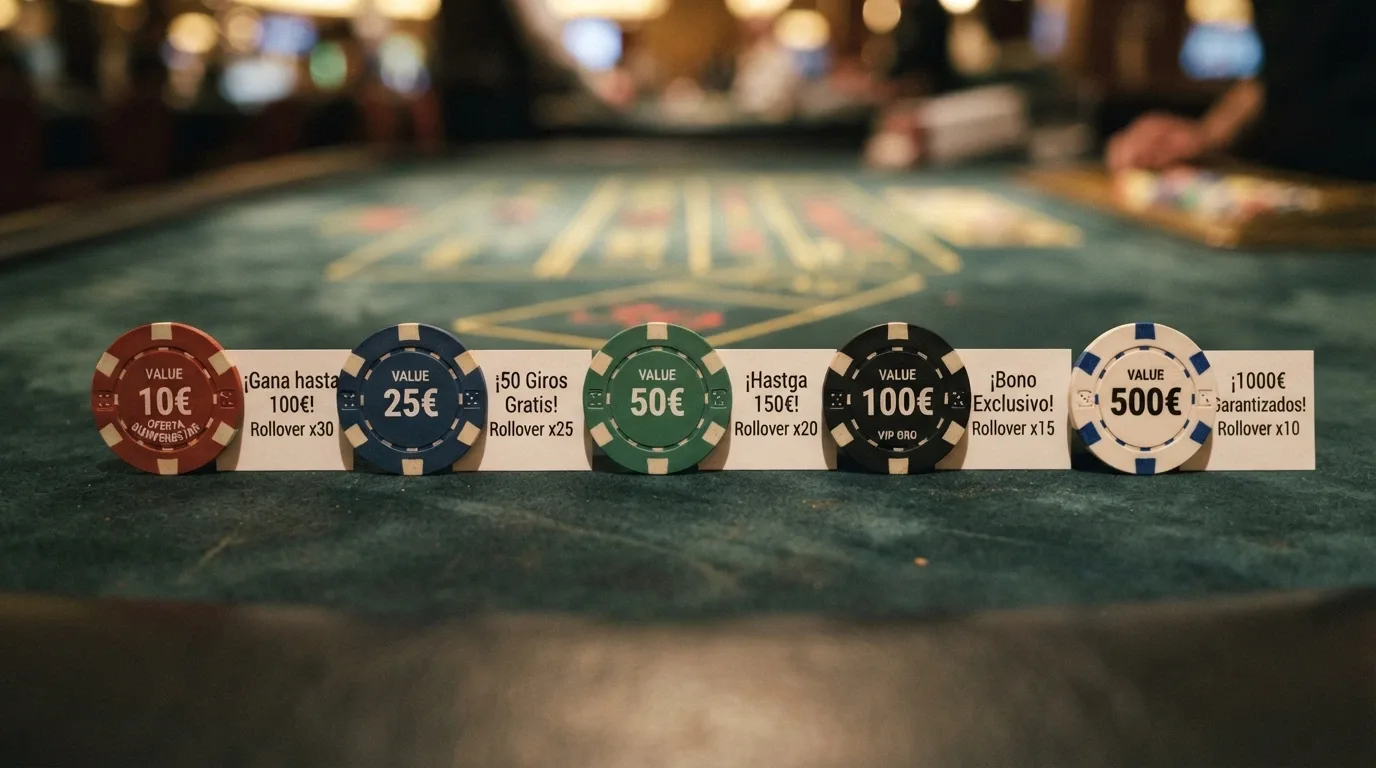 Vista comparativa de fichas de casino con los importes de giros gratis, rollover y ganancias máximas de cada operador