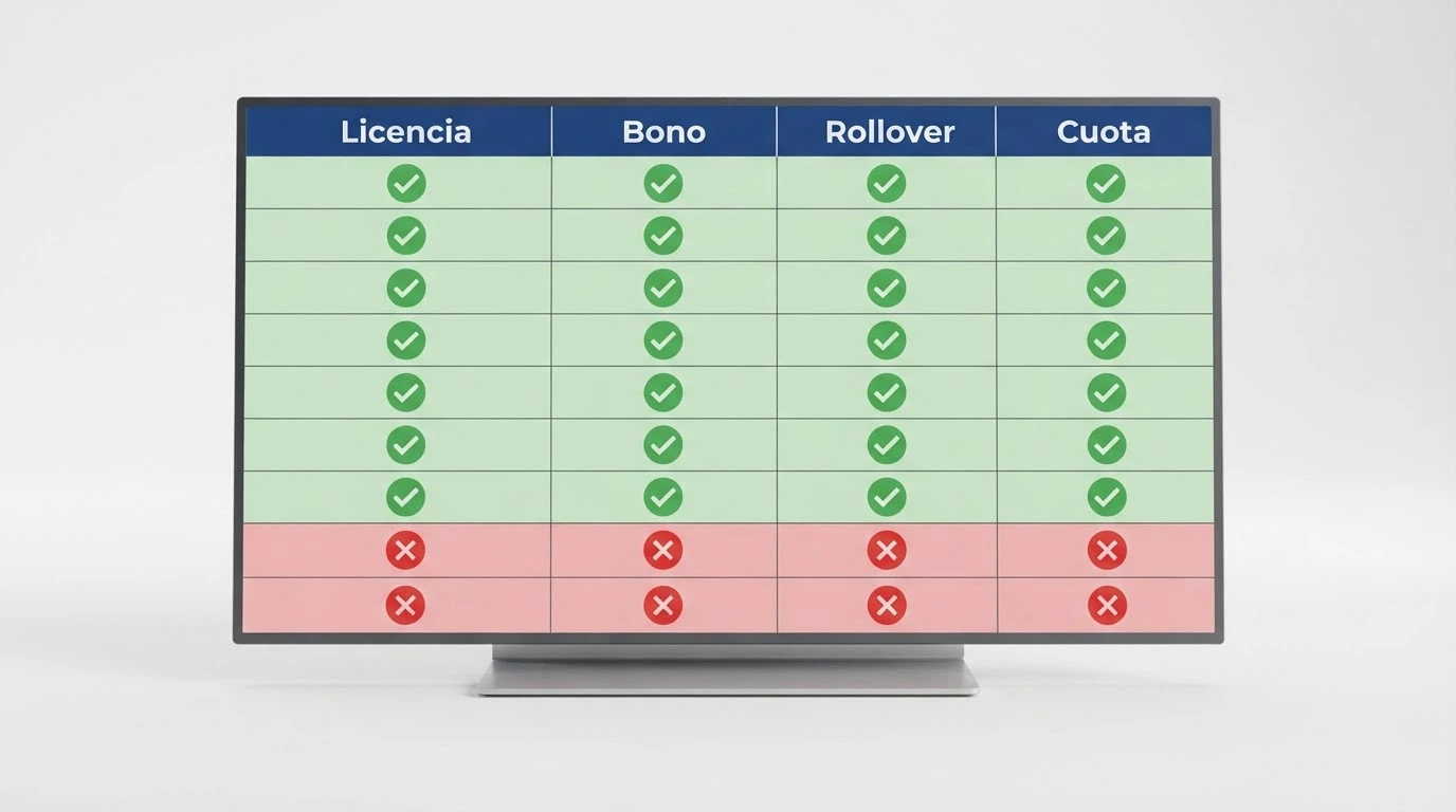 Una interfaz de comparación con los logotipos de los operadores alineados en filas y columnas con indicadores de licencia, bono y requisito de apuesta