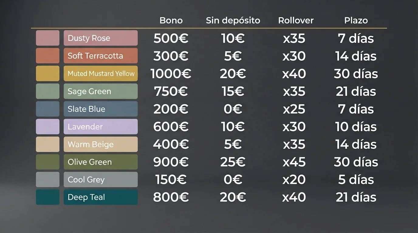 Tabla comparativa con los logotipos de los 10 operadores destacados alineados junto a sus cifras clave de bono, rollover y plazo