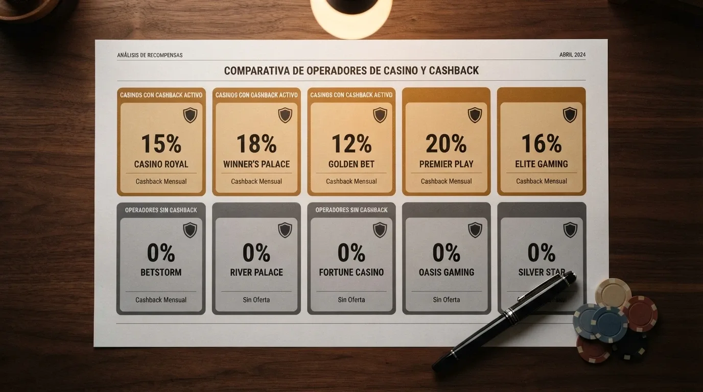 Vista comparativa de las fichas de varios casinos online españoles con su porcentaje de cashback y licencia DGOJ destacados