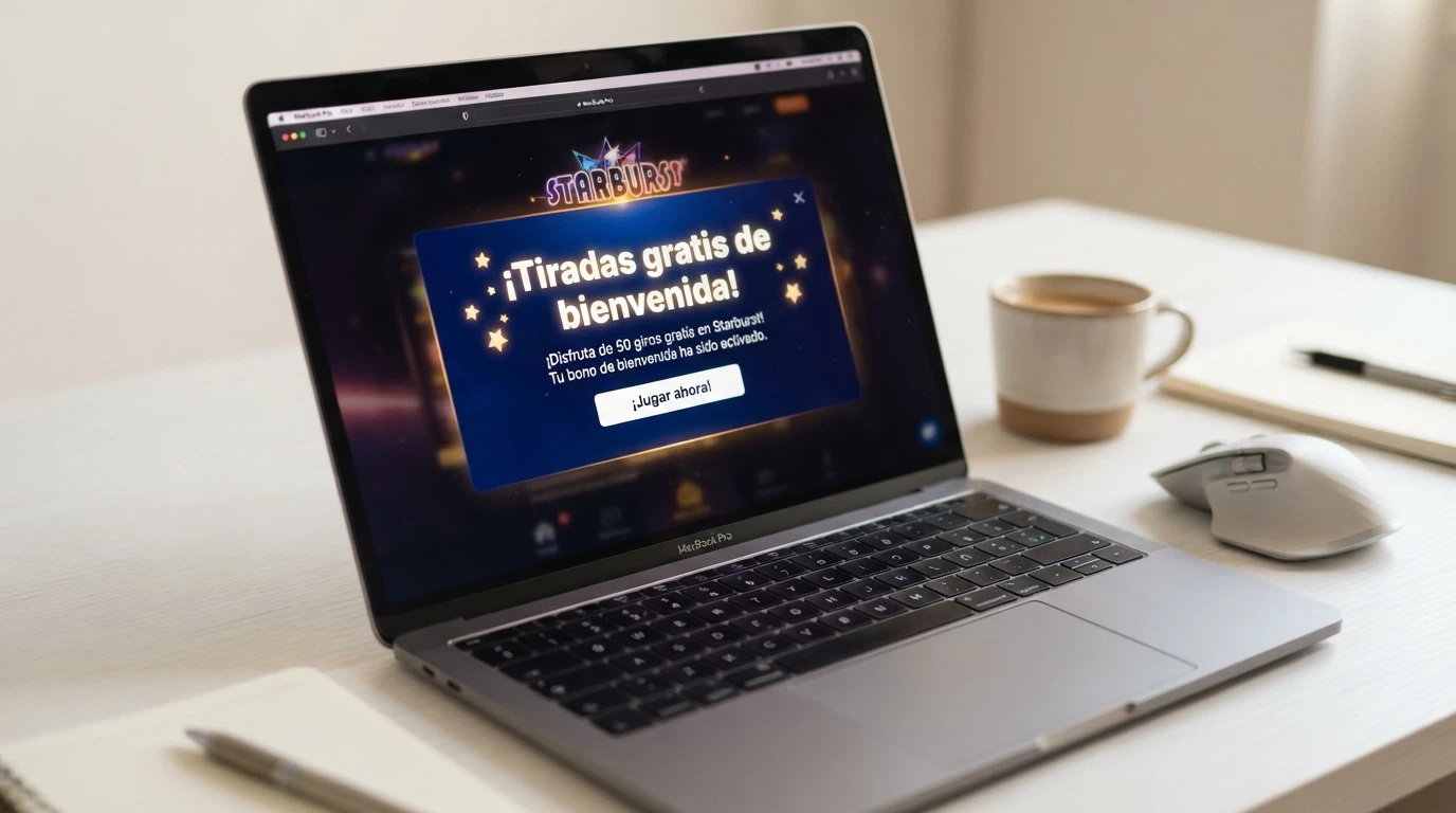 Interfaz de un casino online mostrando una notificación de tiradas gratis de bienvenida al completar el registro