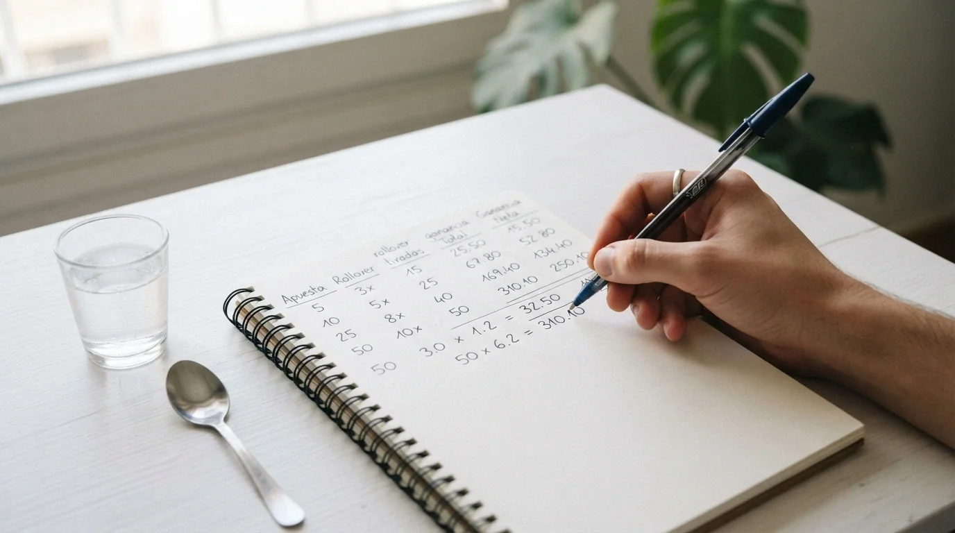 Una calculadora conceptual donde el número de giros, el rollover y la ganancia máxima se introducen y arrojan un «valor real estimado»