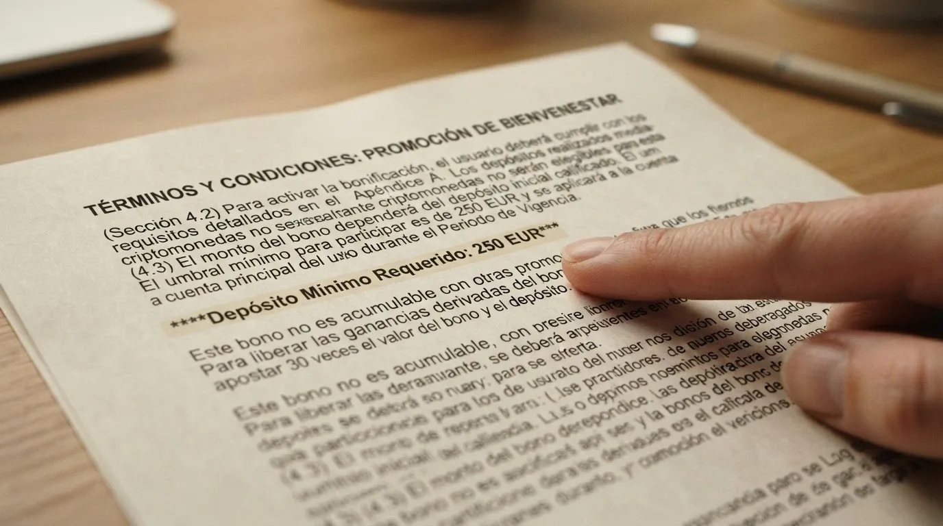 Primer plano de la letra pequeña de los términos y condiciones de un bono de casino online con el umbral de depósito mínimo resaltado