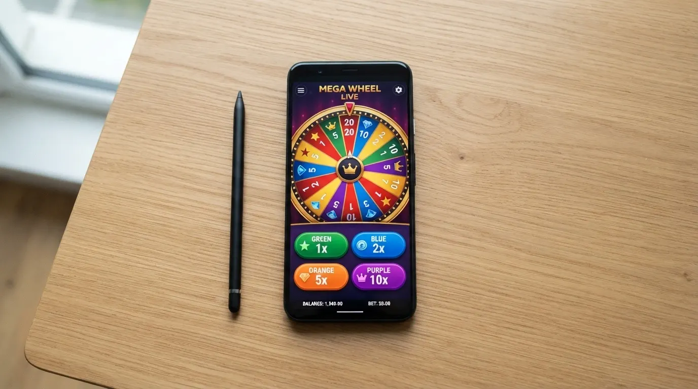Un teléfono móvil mostrando la interfaz de Crazy Time en vertical, con la rueda y los botones de apuesta visibles en la pantalla