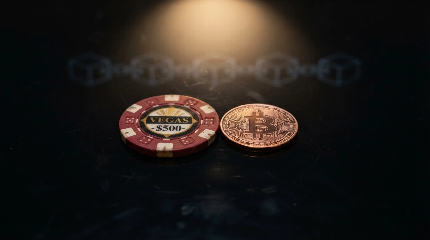Un monedero físico de Bitcoin junto a la ficha de un casino, con una cadena de bloques estilizada conectando ambos elementos