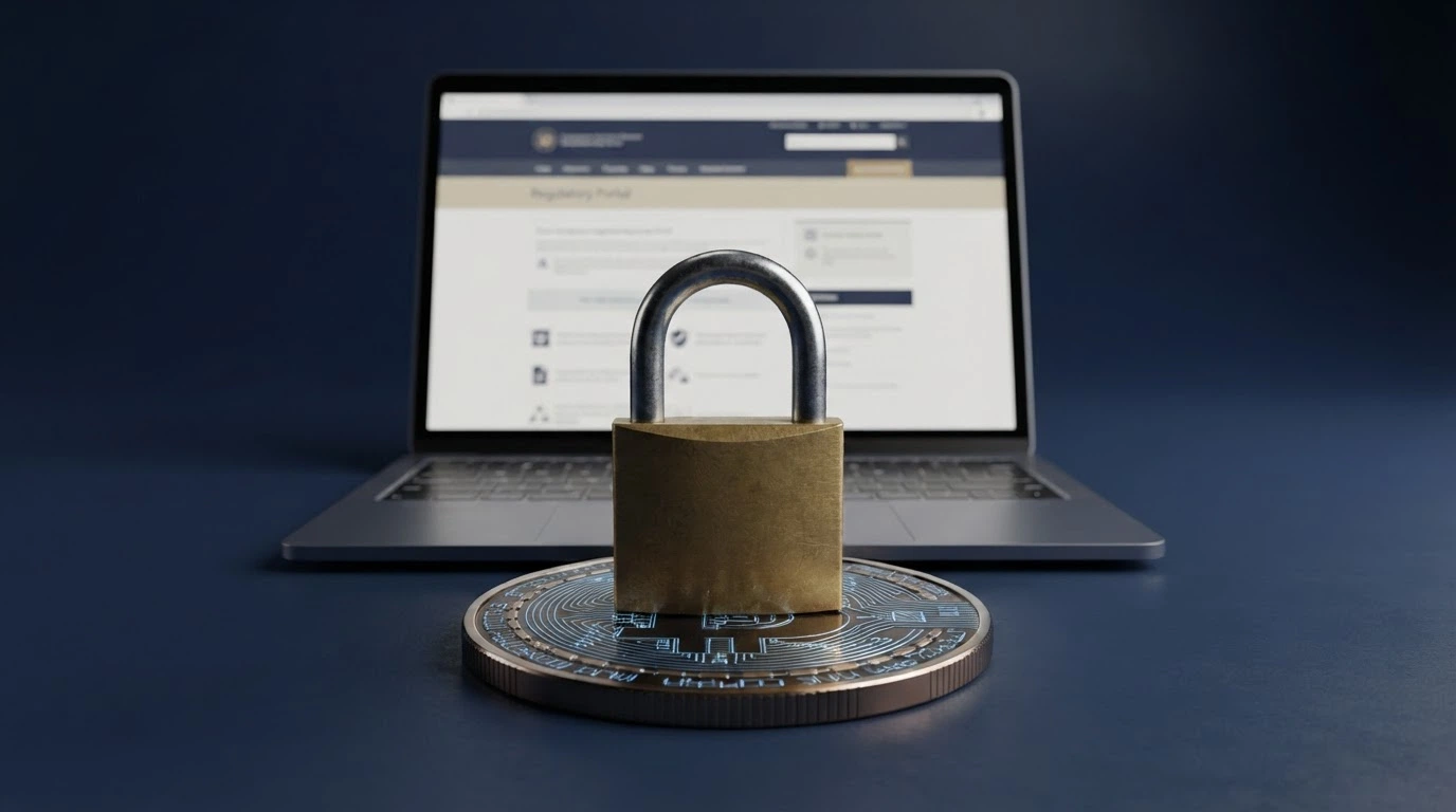 Un candado cerrado sobre un símbolo de bitcoin junto a un ordenador con la web de la DGOJ abierta