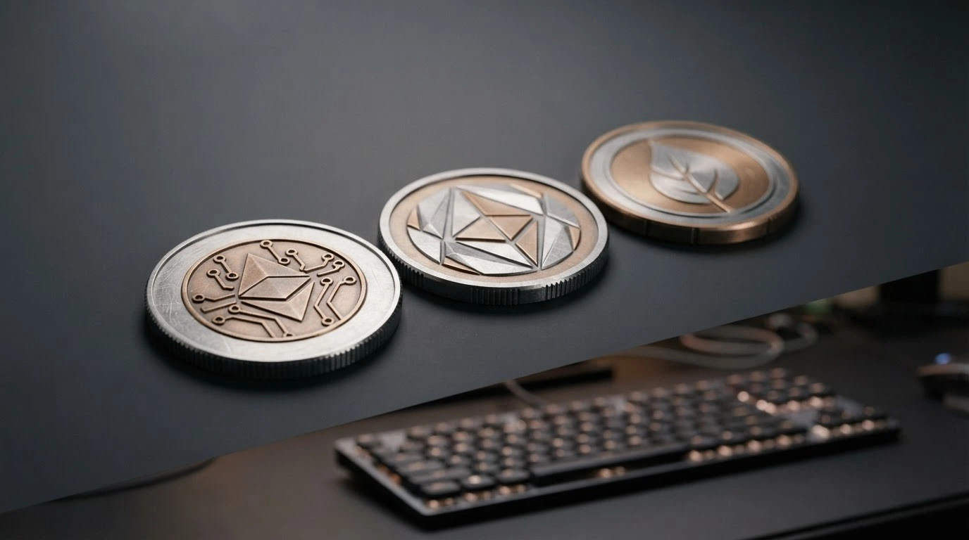 Monedas físicas de Bitcoin, Ethereum y Litecoin sobre un fondo oscuro con un teclado iluminado