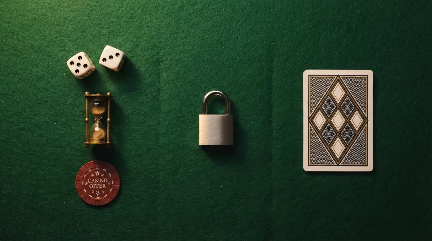 Tres columnas visuales comparando rollover, caducidad y juego elegible con iconos de reloj, candado y dado sobre una mesa de juego