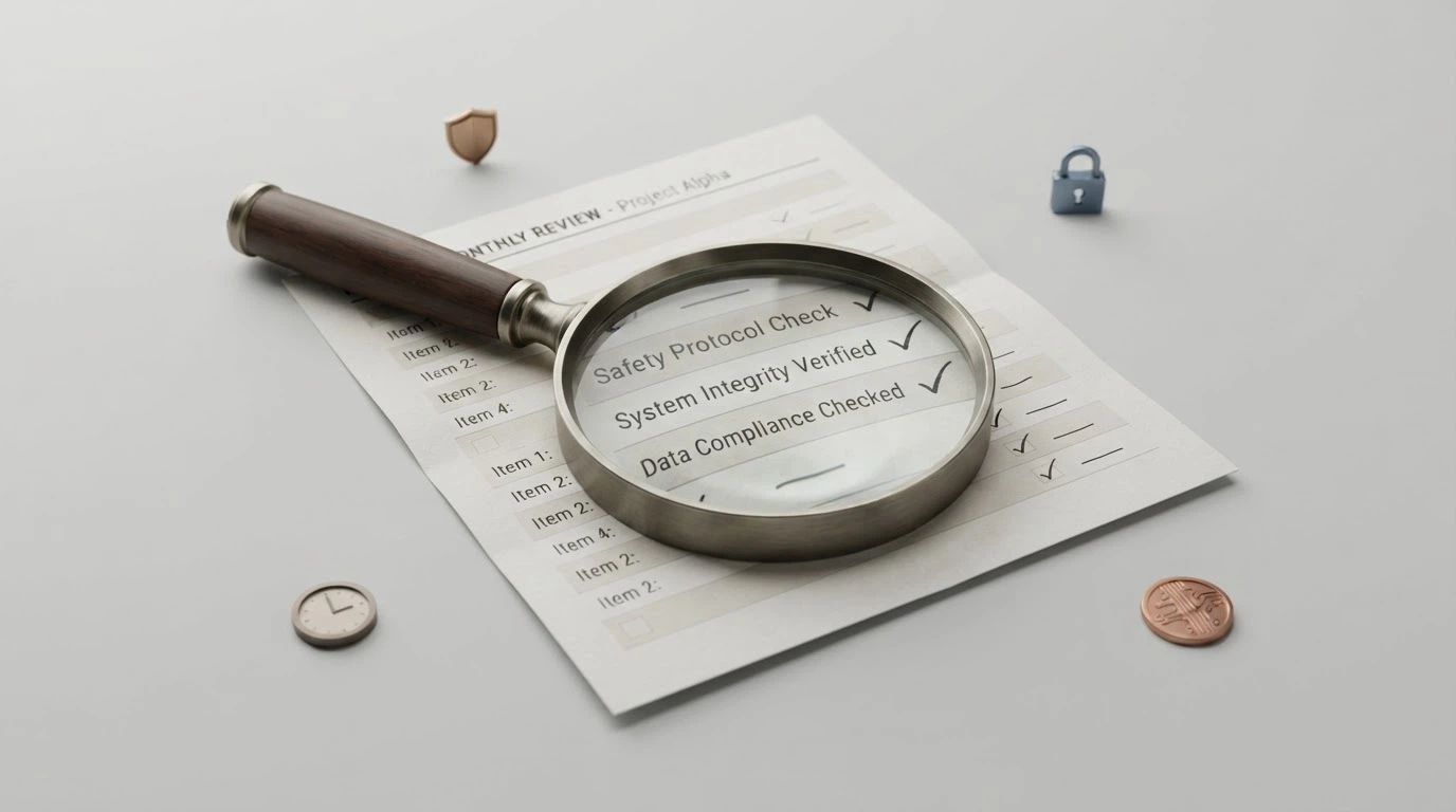 Una lupa sobre una lista de comprobación con iconos de licencia, candado, reloj y criptomonedas